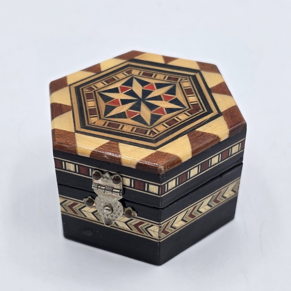Vintage Moroccan Inlay Wood Jewelry‎ Box Geometric Marquetry Hexagon